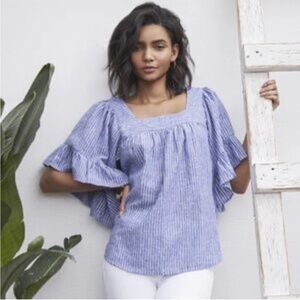 BeachLunchLounge Linen Blue & White Naomi Striped Top Ruffled Sleeve Size Large